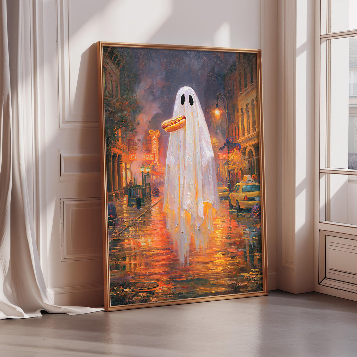 The image is a painting depicting a ghost holding a hot dog in a city street scene.