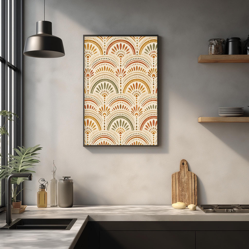 a kitchen counter with a framed print of a repeating pattern hanging above it. The counter has various kitchen items, such as a cutting board, a bottle, and a bowl, as well as a potted plant and a vase. The overall scene has a modern and minimalist aesthetic.
