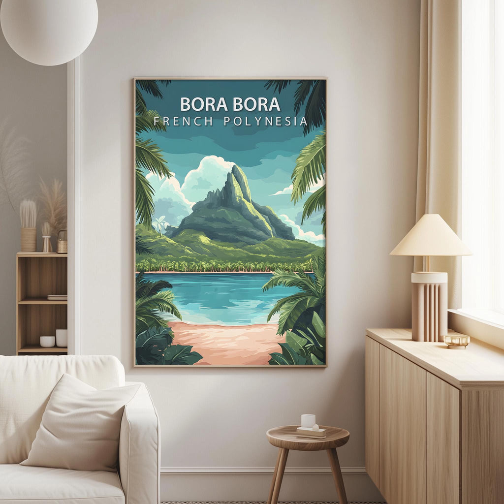 a poster of Bora Bora, a tropical island in French Polynesia, hanging on a wall in a living room.