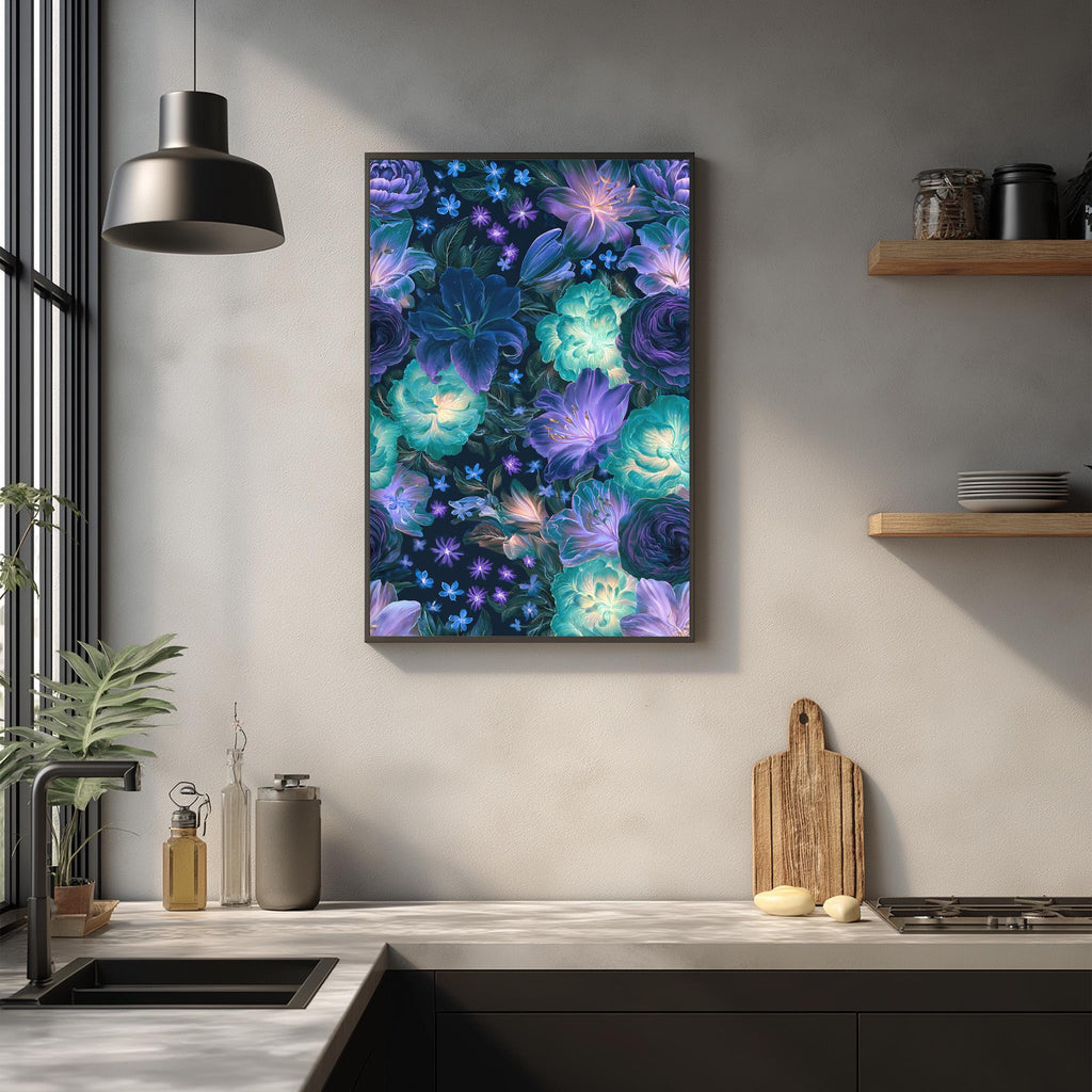 a kitchen counter with a framed floral print hanging on the wall above it. The print is a vibrant display of colorful flowers in shades of blue, purple, and green. The kitchen counter also has various items such as a cutting board, a soap dispenser, and a bottle.