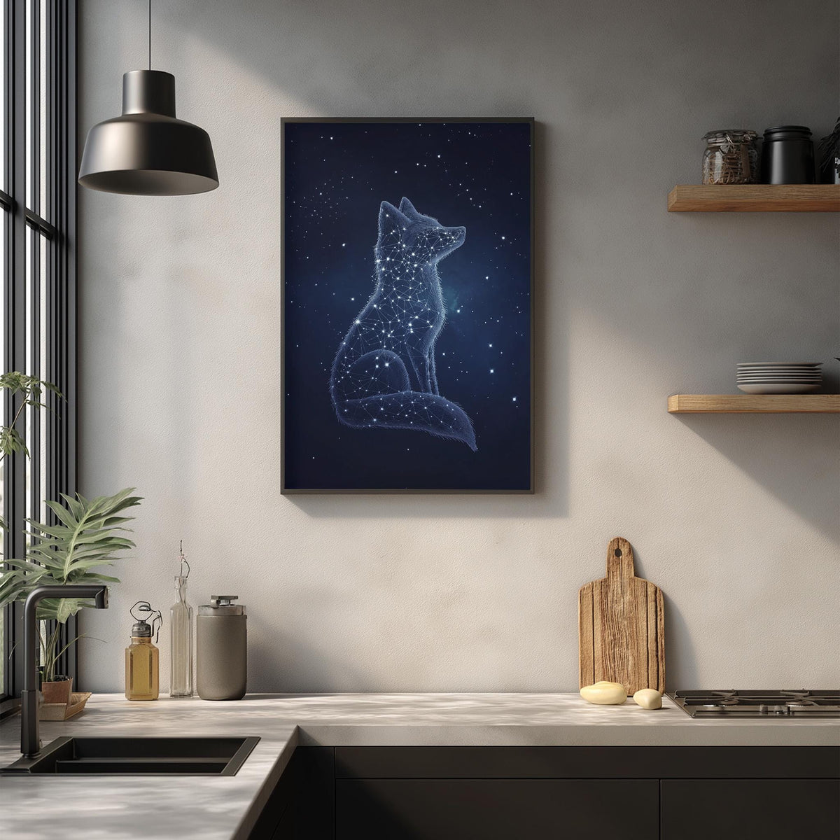 a kitchen counter with various kitchen items, including a cutting board, a sink, and a potted plant. Above the counter, there is a framed artwork depicting a fox against a starry night sky background.