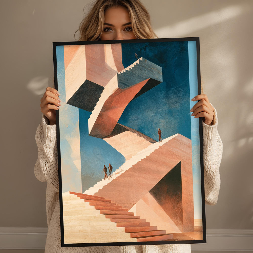 A woman holds up a framed artwork depicting a surreal, abstract staircase with geometric shapes and figures.