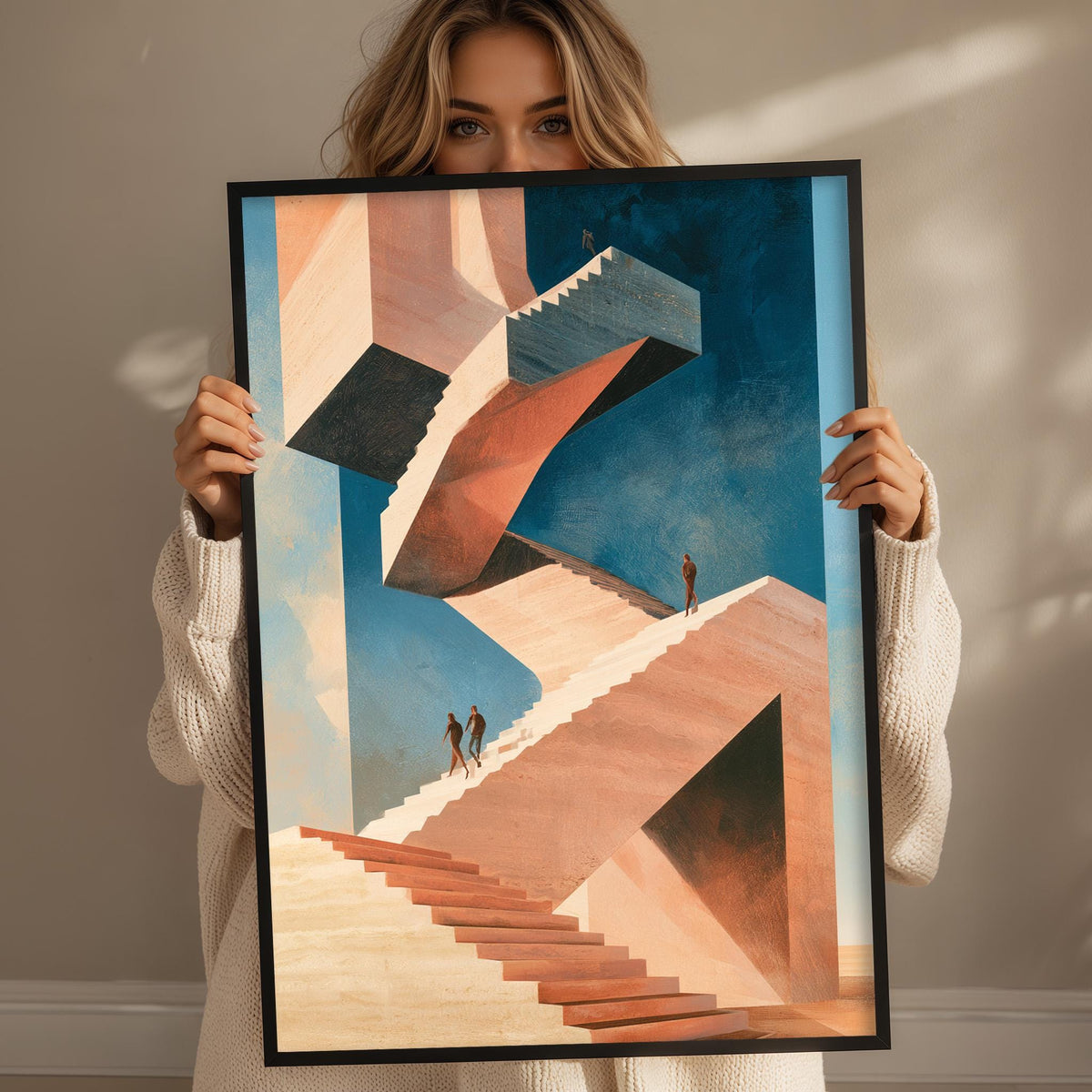 A woman holds up a framed artwork depicting a surreal, abstract staircase with geometric shapes and figures.