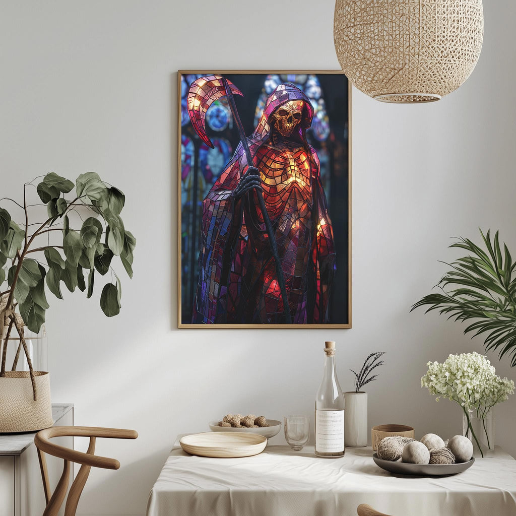 a framed painting of a colorful, abstract figure with a skull-like design, hanging on a wall above a dining table with various decorative items and plants.