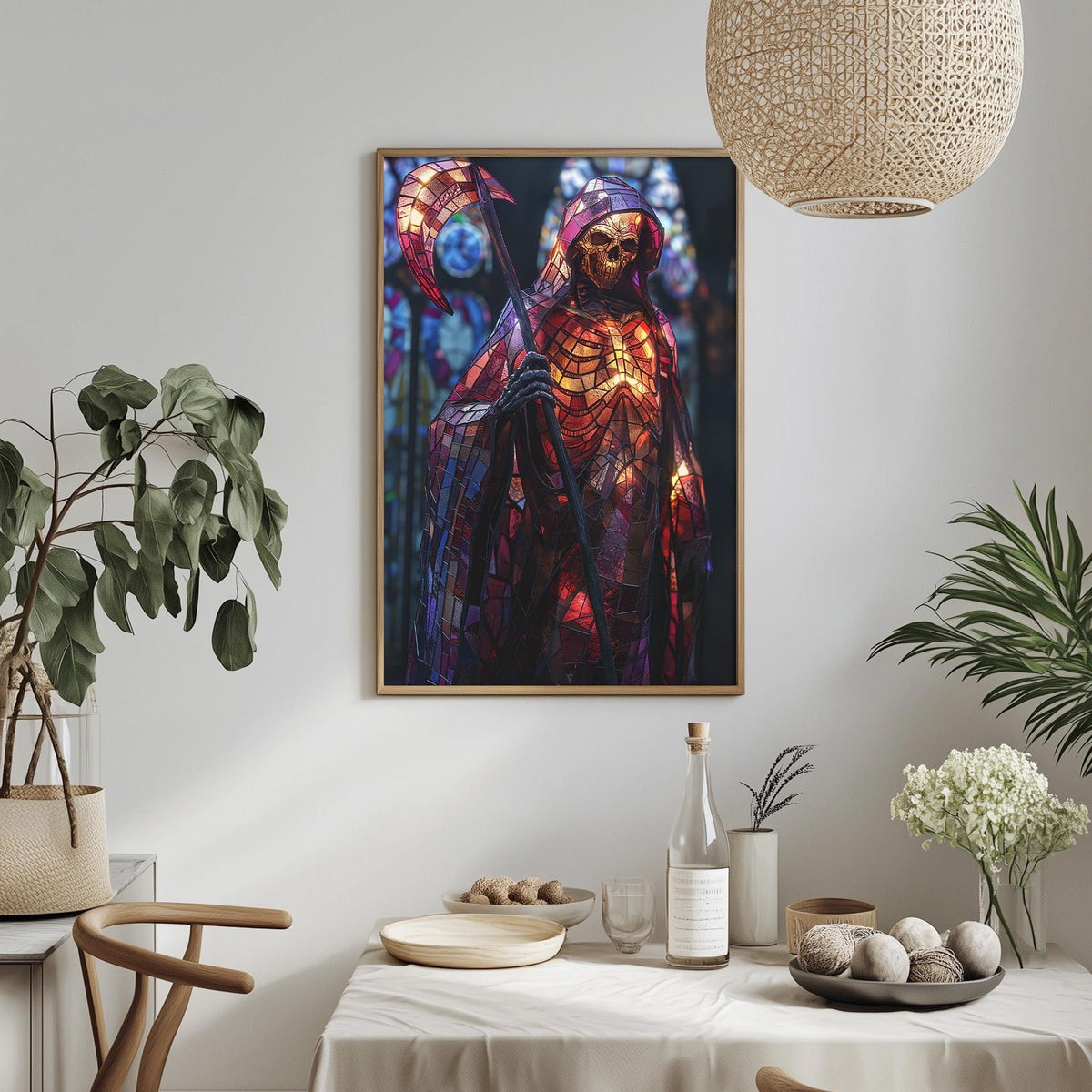 a framed painting of a colorful, abstract figure with a skull-like design, hanging on a wall above a dining table with various decorative items and plants.