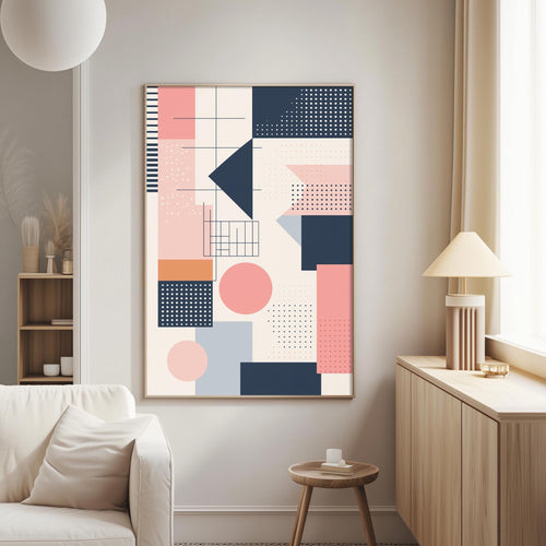a modern living room with a large abstract painting hanging on the wall. The painting consists of various geometric shapes and patterns in shades of pink, blue, and white. The room also includes a white sofa, a wooden side table, and a lamp on a wooden cabinet.