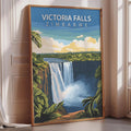 A framed poster depicting the Victoria Falls, a famous waterfall located in Zimbabwe.