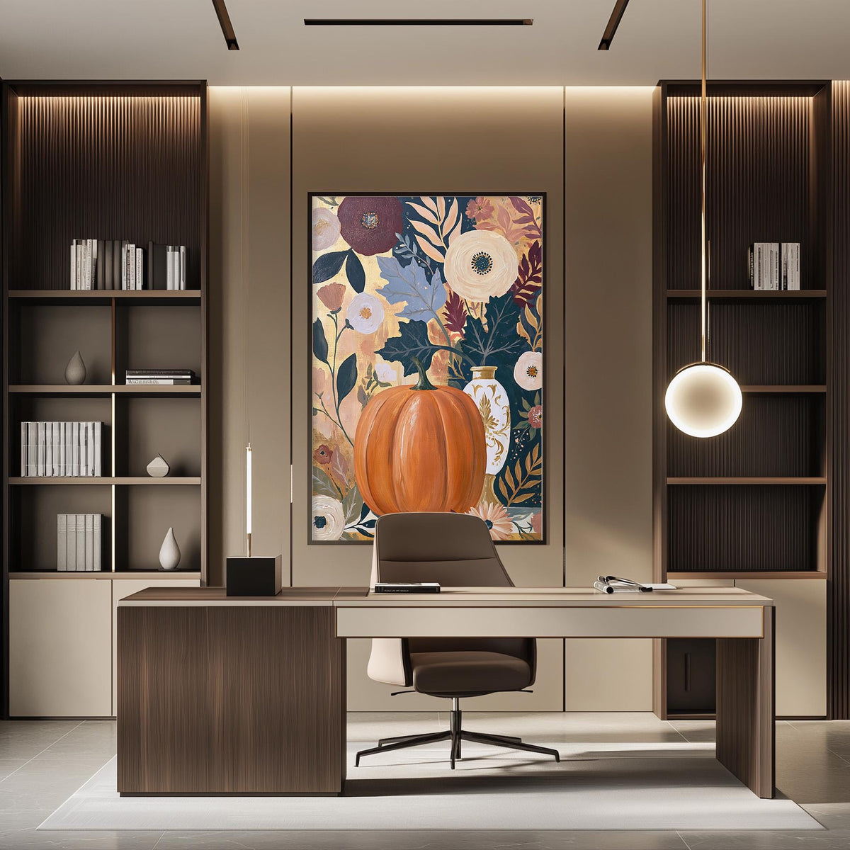 a modern and stylish office space with a large floral painting on the wall, a wooden desk with a chair, and built-in bookshelves.