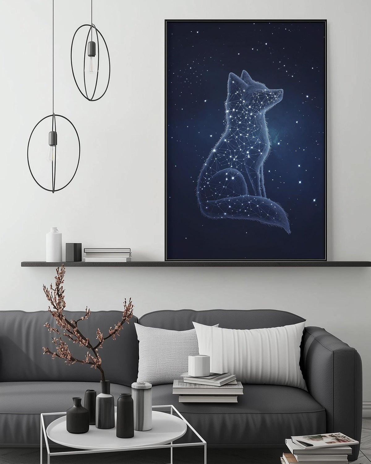 a cozy living room with a gray sofa, a coffee table, and a large framed artwork depicting a fox against a starry night sky. The artwork is hanging on the wall above the sofa, creating a striking focal point in the room.