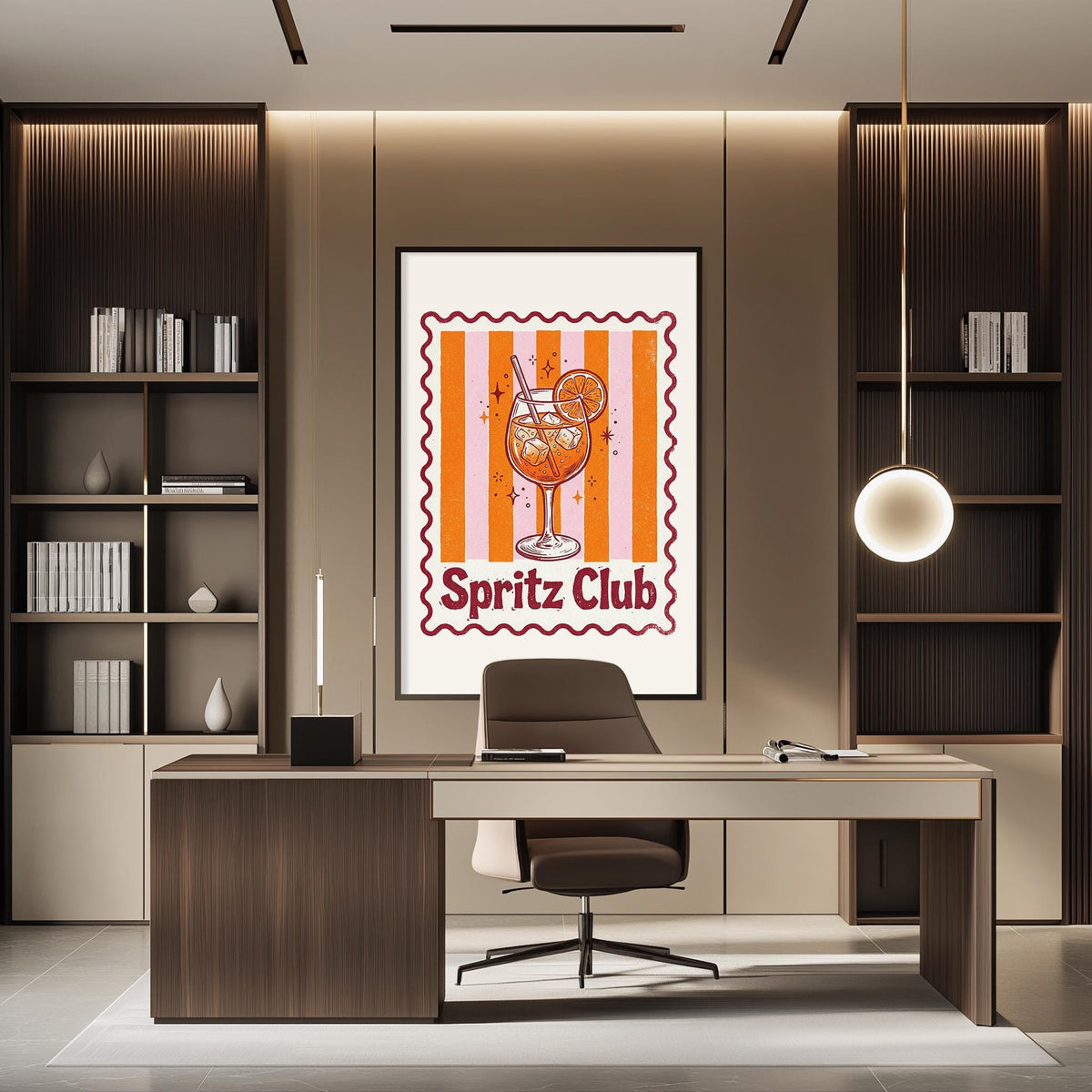 a modern office space with a desk, chair, and bookshelves. A framed poster of a cocktail glass with the text "Spritz Club" is displayed on the wall, and a hanging light fixture is visible above the desk.