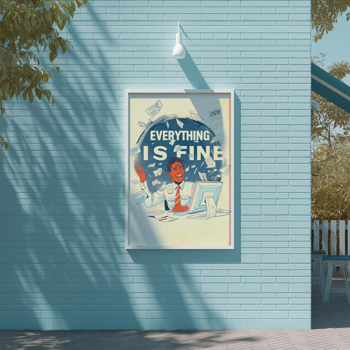 a poster with the text "EVERYTHING IS FINE" and an illustration of a person with a computer.