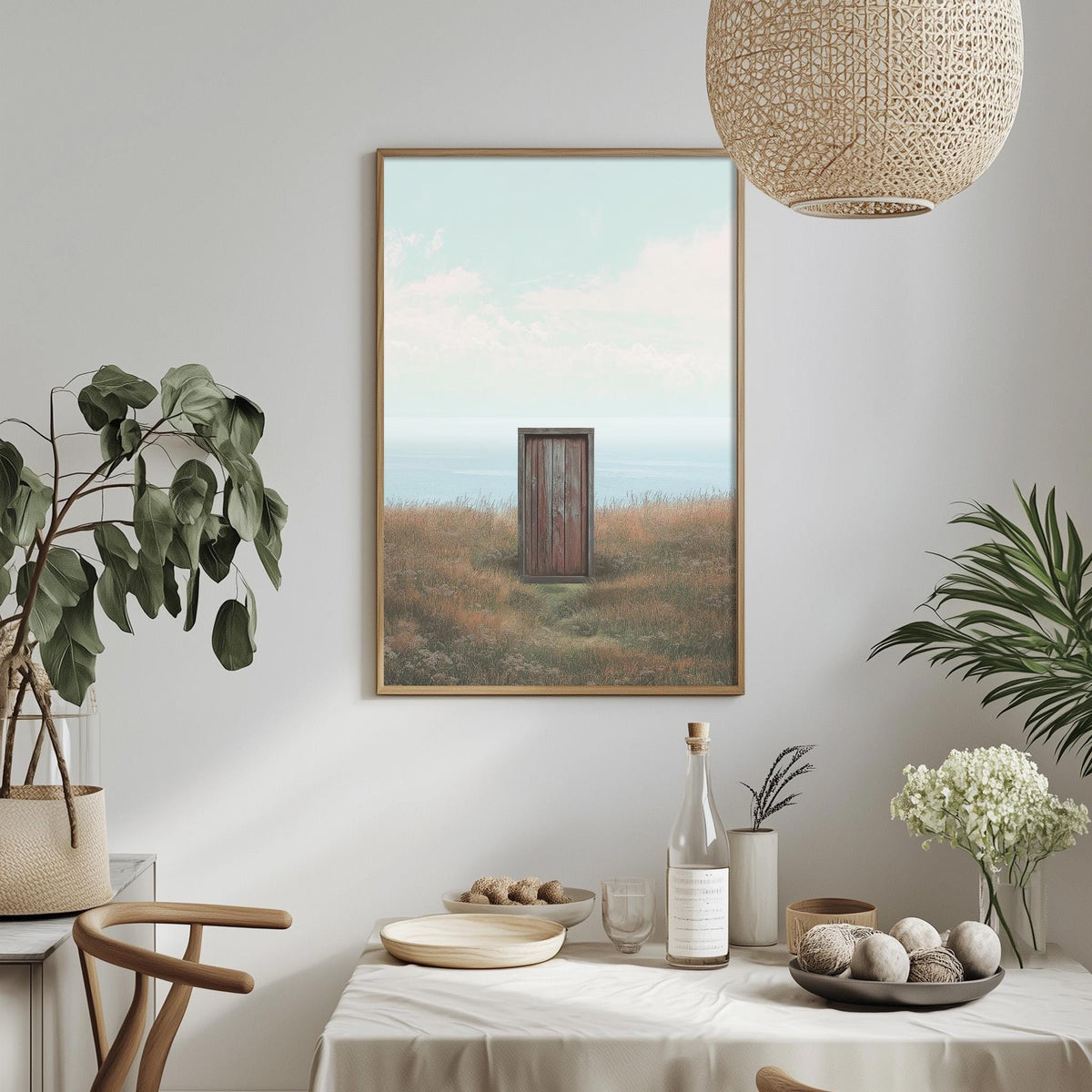 a dining table set with a white tablecloth, a bowl of fruit, a bottle, and a vase with flowers. Above the table, there is a framed picture of a door in a field, and a hanging light fixture is visible in the background.