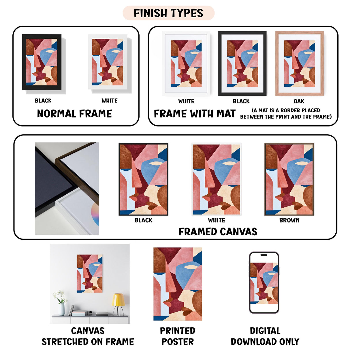 various finish types for framed artwork, including black, white, black and white, black and white with a mat, white, white with a mat, black, white, black and white, white framed canvas, black framed canvas, white stretched on frame, printed poster, and digital download only.