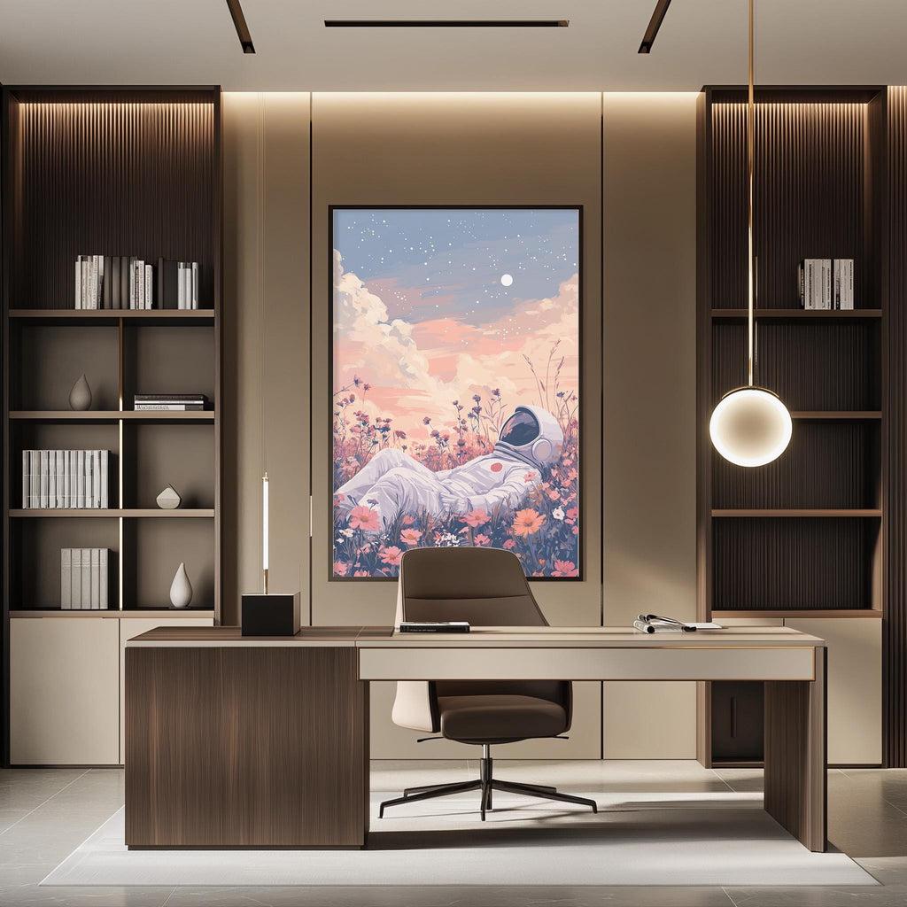 a modern and stylish office space with a large framed artwork of a person in a spacesuit on the wall, surrounded by a serene night sky and flowers. The office features a wooden desk with a chair, and a bookshelf filled with books and decorative items.