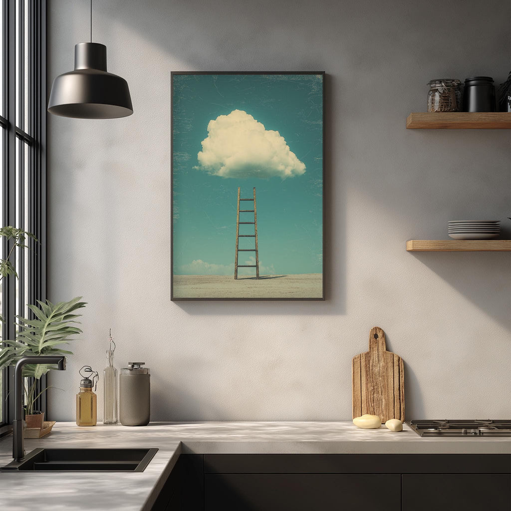 a kitchen counter with a wooden cutting board, a sink, and a potted plant. Above the counter, there is a framed picture of a ladder leading up to a cloud in the sky.