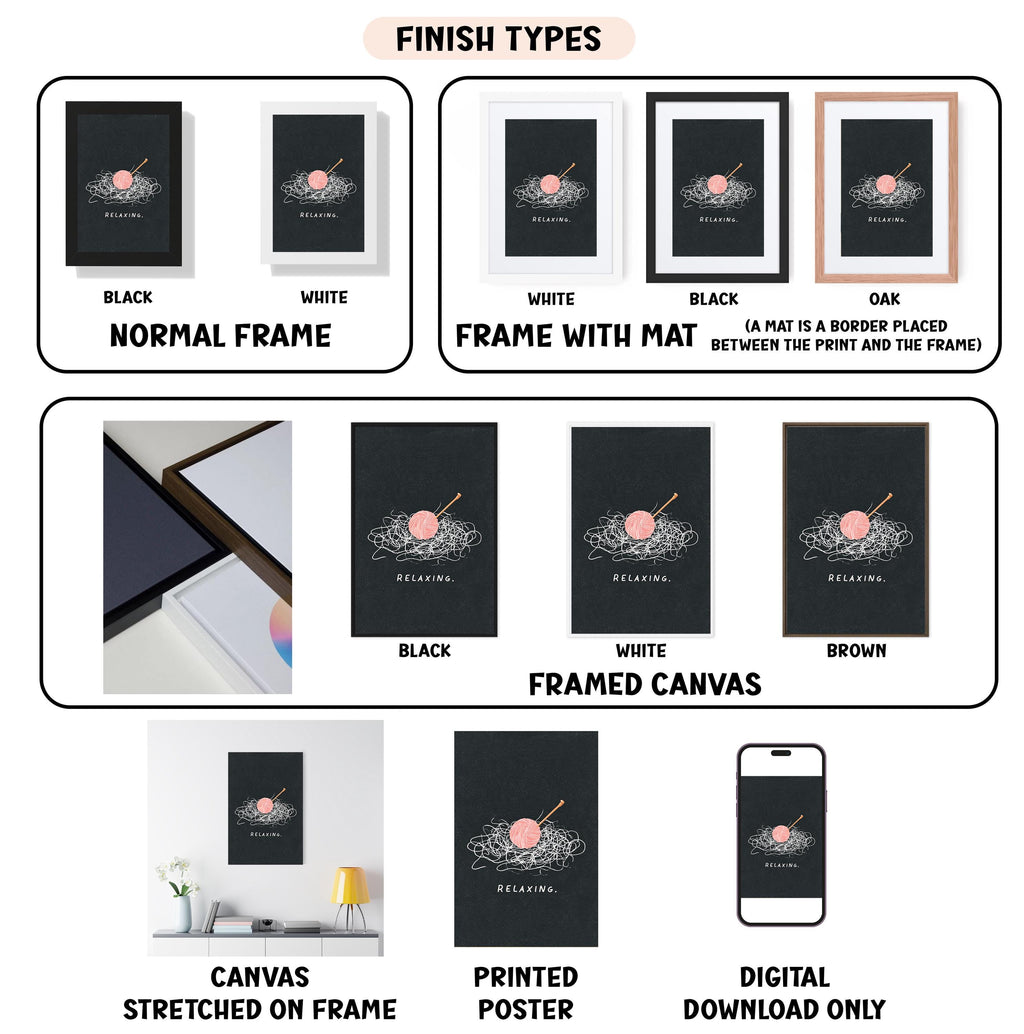 various finish types for artwork, including canvas, framed canvas, stretched canvas, printed poster, and digital download only.