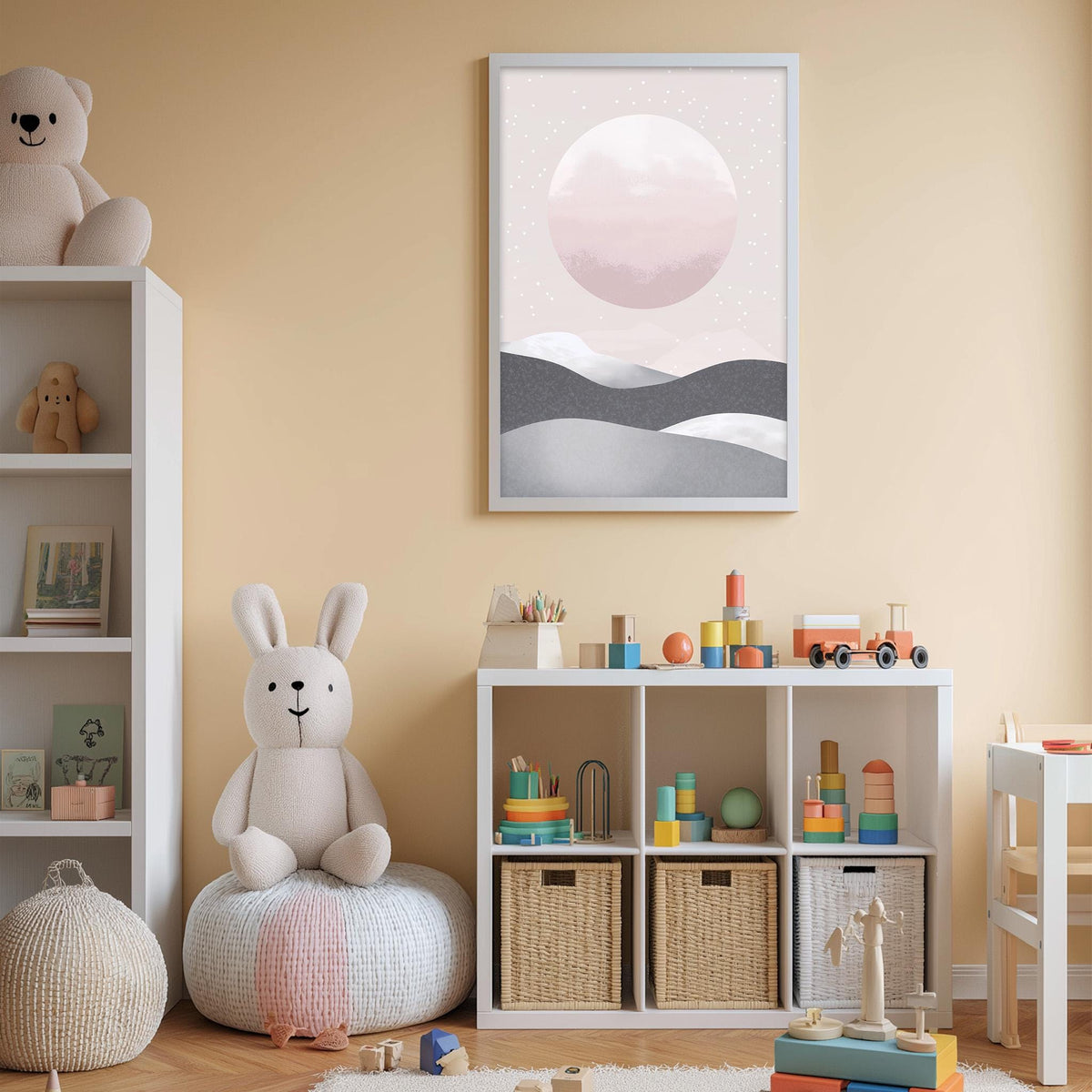 A cozy and colorful children's bedroom with a large stuffed rabbit, shelves filled with toys, and a framed landscape painting on the wall.