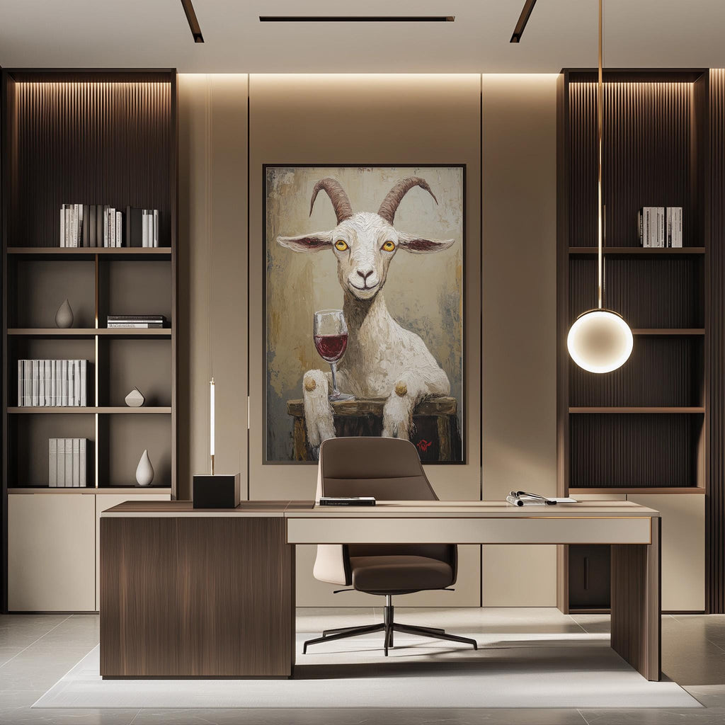 a modern office space with a large painting of a goat holding a wine glass as the focal point. The office has a wooden desk, a chair, and a bookshelf with various books and decorative items. The overall design and decor create a stylish and contemporary atmosphere.