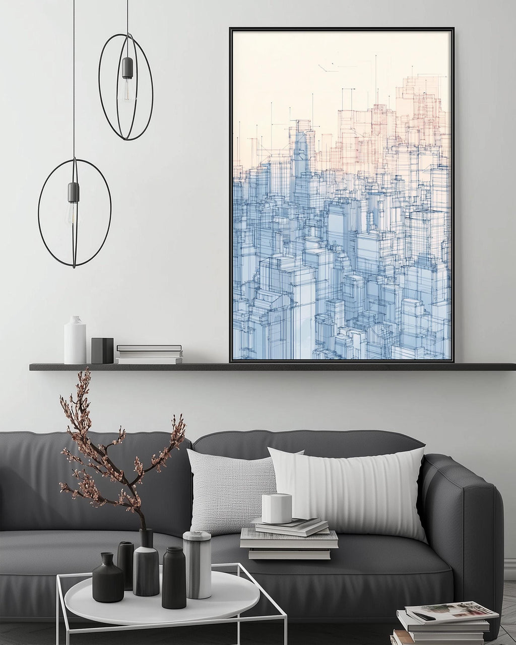 a modern living room with a gray sofa, a coffee table, and a large framed artwork depicting a city skyline. The artwork is hanging on the wall above the sofa, creating a focal point in the room.