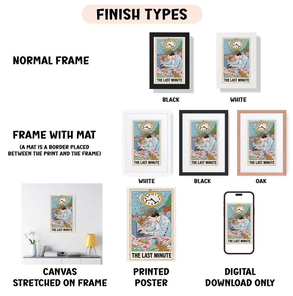 various types of artwork, including a framed poster, a canvas stretched on a frame, a printed poster, and a digital download. The artwork is labeled with different finish types, such as "NORMAL FRAME", "FRAME WITH MAT", "WHITE", "BLACK", and "OAK". The image is described as a collage of multiple images, and the text is limited to avoid redundancy and to ensure that each piece is clearly identified.