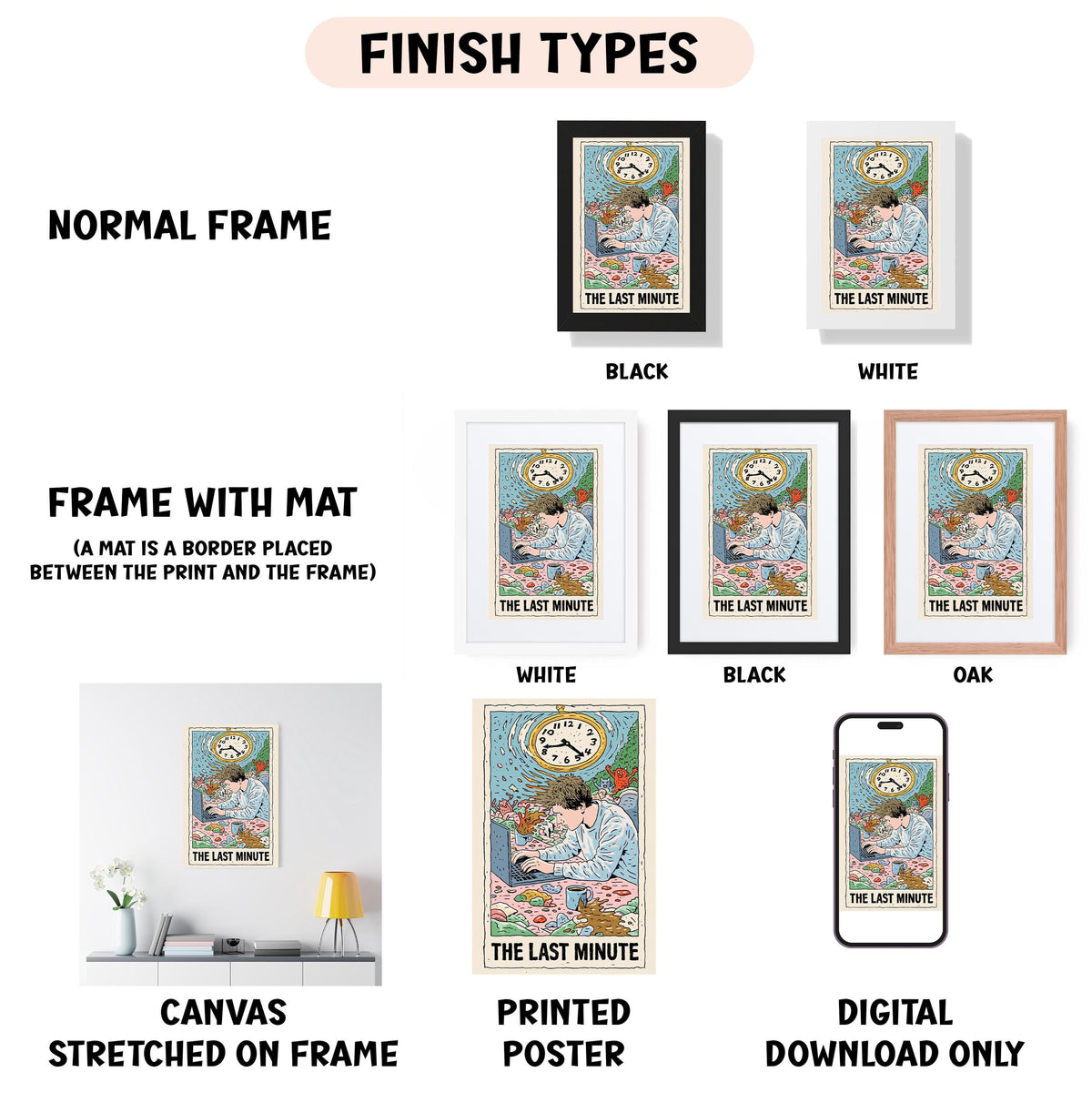 various types of artwork, including a framed poster, a canvas stretched on a frame, a printed poster, and a digital download. The artwork is labeled with different finish types, such as "NORMAL FRAME", "FRAME WITH MAT", "WHITE", "BLACK", and "OAK". The image is described as a collage of multiple images, and the text is limited to avoid redundancy and to ensure that each piece is clearly identified.