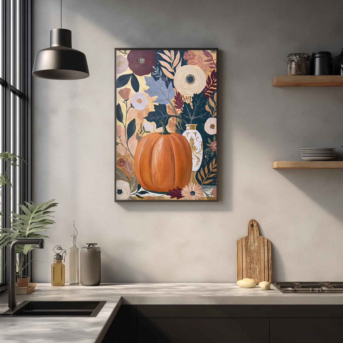 a kitchen counter with a framed print of a pumpkin and flowers hanging above it. The counter has various kitchen items, such as a cutting board, a knife, and a bottle.