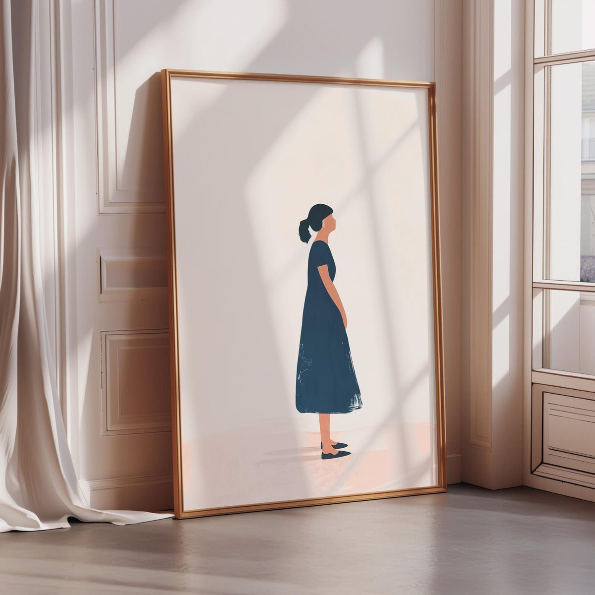 a framed illustration of a woman in a blue dress standing in a room with a window.
