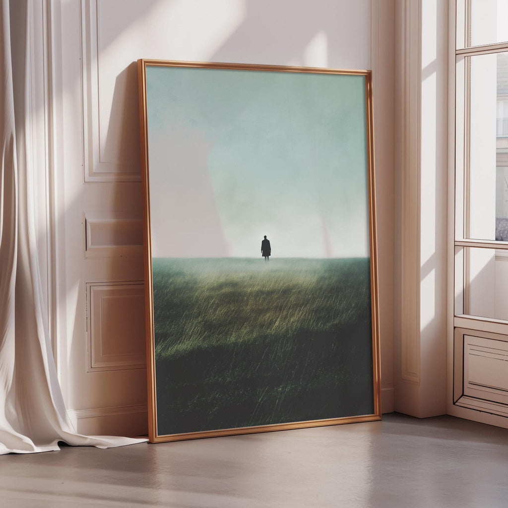a large, framed picture of a person standing in a grassy field, with a cloudy sky in the background.