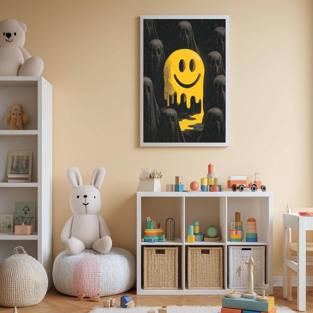 A child's bedroom with a white bookshelf, a stuffed rabbit, and a toy train. The wall has a framed poster featuring a yellow ghost with a smiley face.
