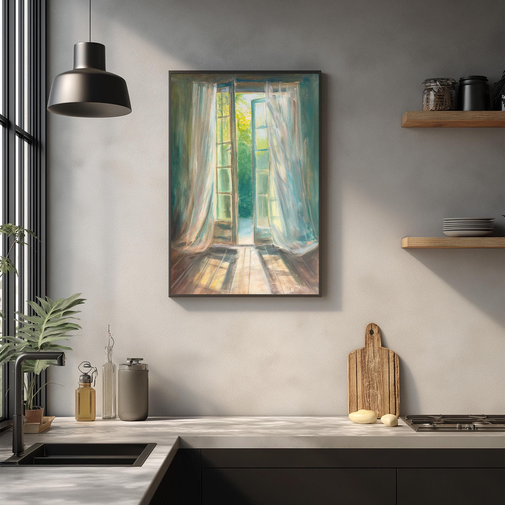 a kitchen scene with a painting of an open window on the wall, a wooden cutting board, and various kitchen items such as a sink, a vase, and a bottle.