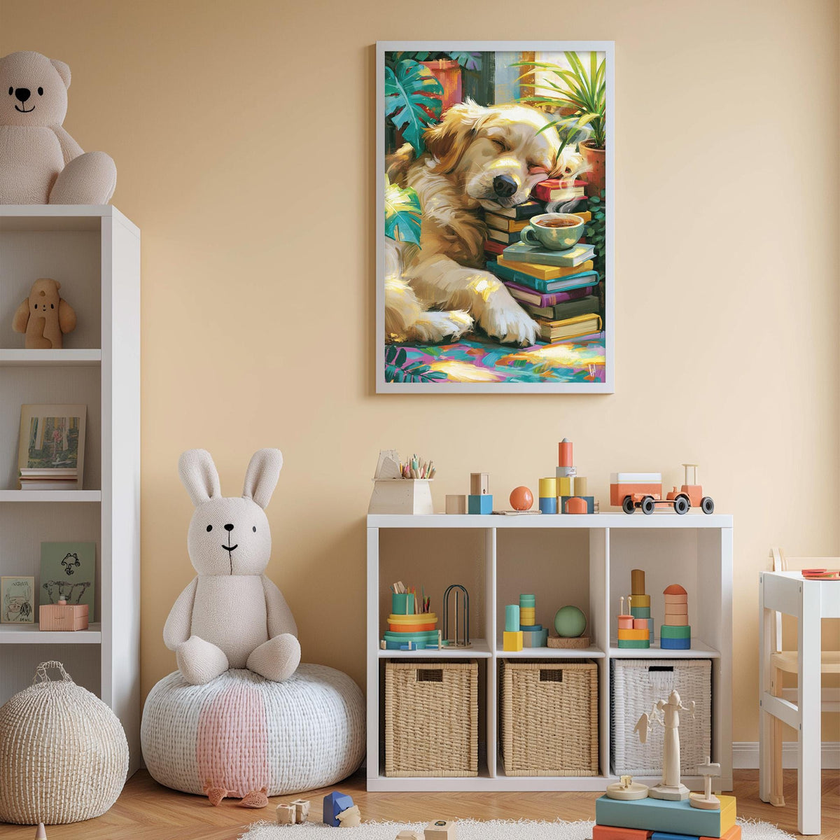 A cozy children's room with a large stuffed bunny, a bookshelf filled with toys, and a framed picture of a dog on the wall.