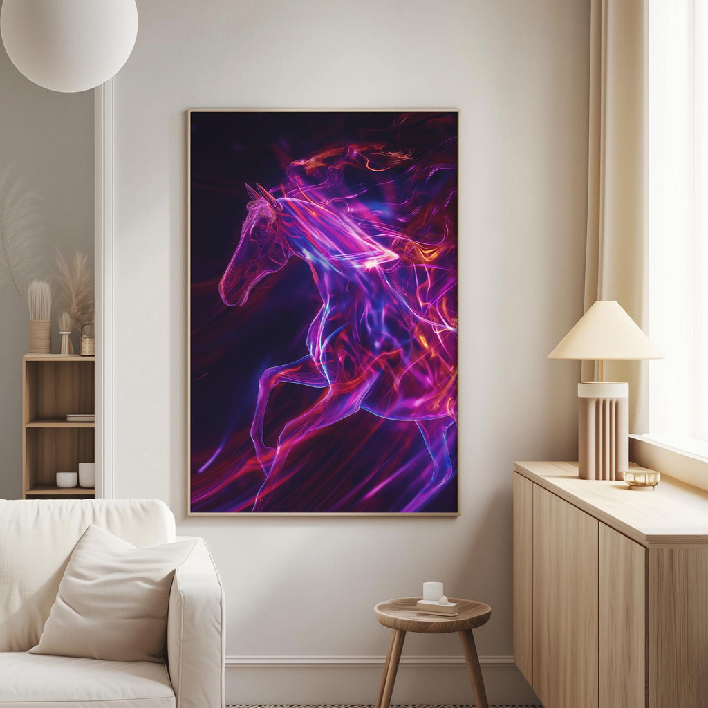 a large, vibrant painting of a horse with flowing, colorful hair on the wall of a living room.