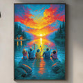 a vibrant painting of a group of people sitting on a boat in a serene lake, surrounded by a colorful sunset. The painting is hung on a wall above a kitchen counter, which has various kitchen items such as a cutting board, a bottle, and a vase.