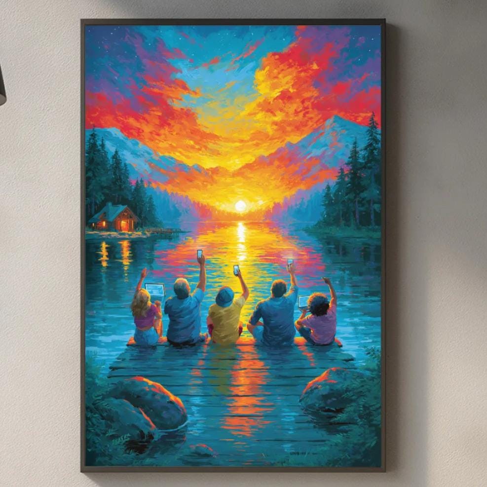 a vibrant painting of a group of people sitting on a boat in a serene lake, surrounded by a colorful sunset. The painting is hung on a wall above a kitchen counter, which has various kitchen items such as a cutting board, a bottle, and a vase.