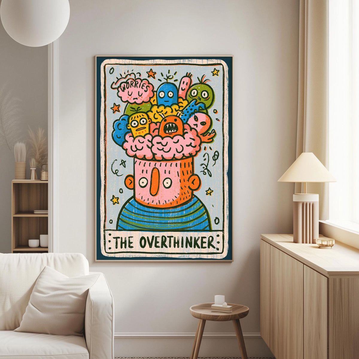 a colorful and whimsical painting of a cartoon character with a brain, surrounded by various other characters and elements.