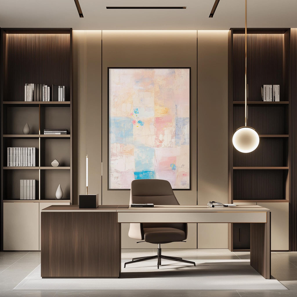 a modern and well-designed office space with a large abstract painting on the wall, a wooden desk with a chair, and built-in bookshelves.