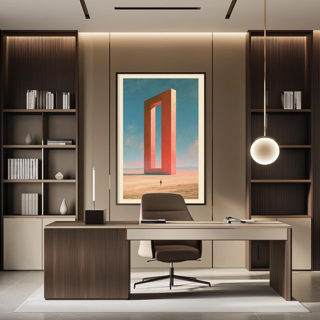 a modern and minimalist office space with a large abstract painting on the wall, a wooden desk with a chair, and built-in bookshelves.
