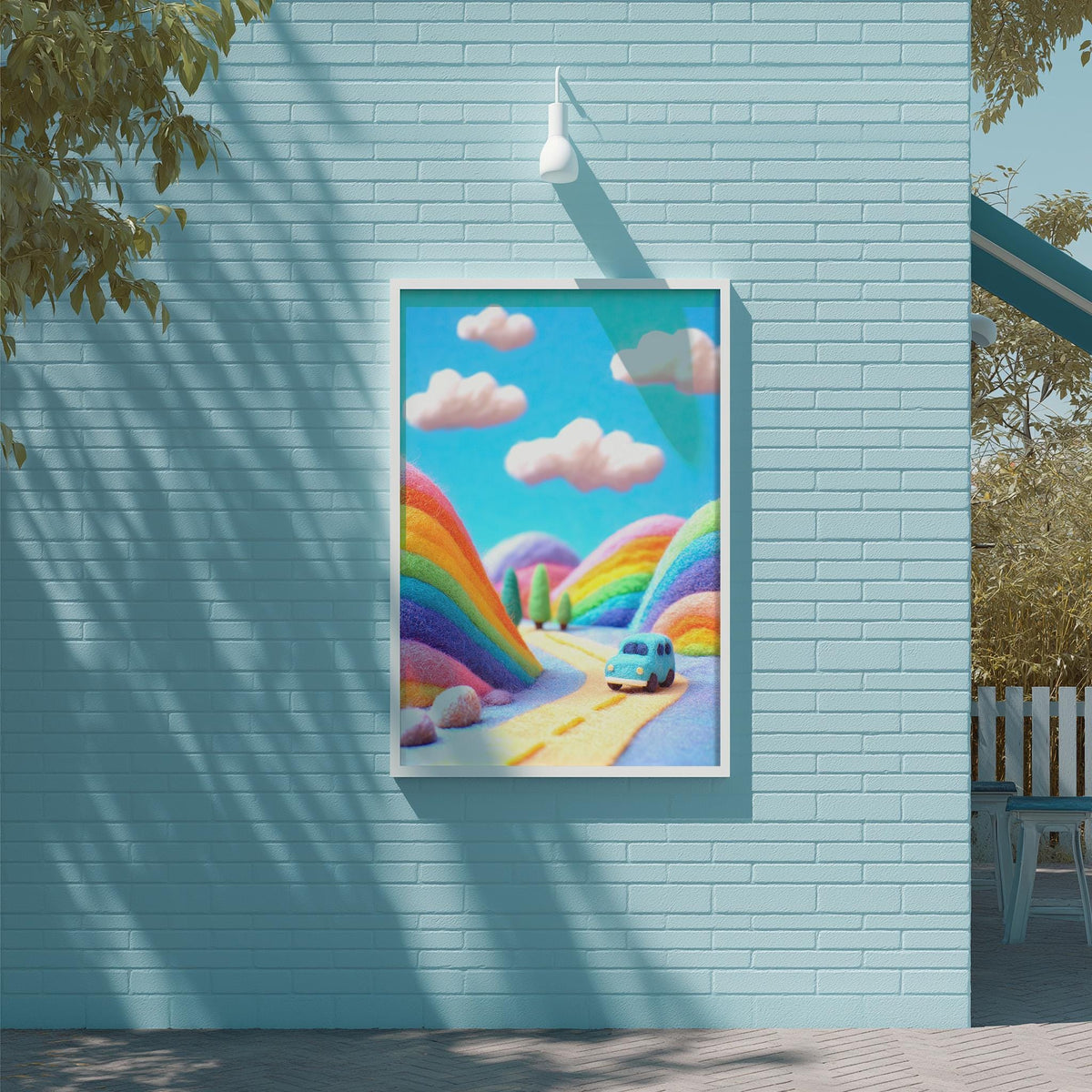 a vibrant, whimsical scene of a rainbow-colored landscape with a blue van driving down a road, surrounded by lush greenery and a clear blue sky with fluffy white clouds.