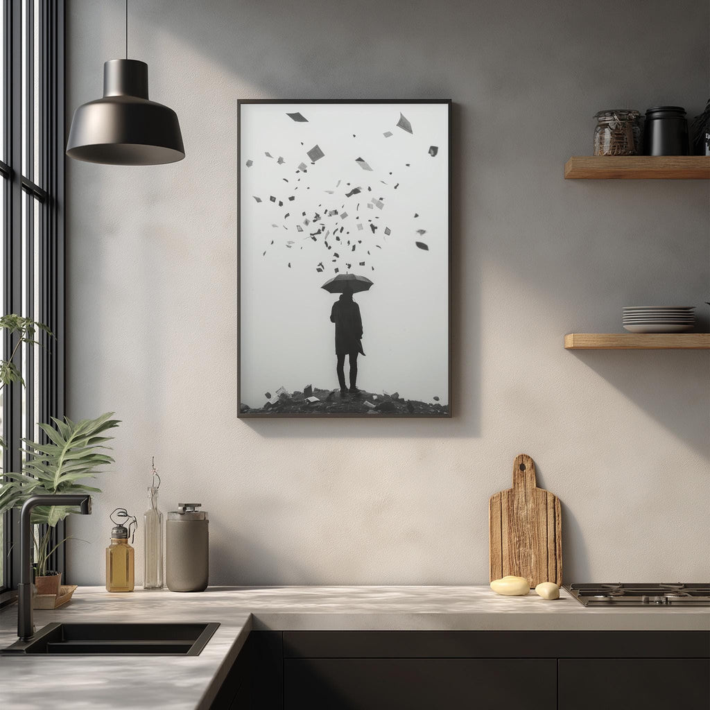 a minimalist kitchen scene with a framed black and white image of a person holding an umbrella, standing on a pile of debris, and surrounded by scattered pieces of paper.