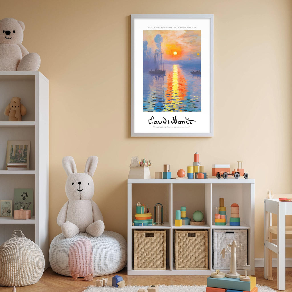 A cozy children's room with a white bookshelf, a plush rabbit, and a colorful toy box filled with toys. A framed print of a sunset landscape hangs on the wall, and a teddy bear is sitting on a cushion on the floor.