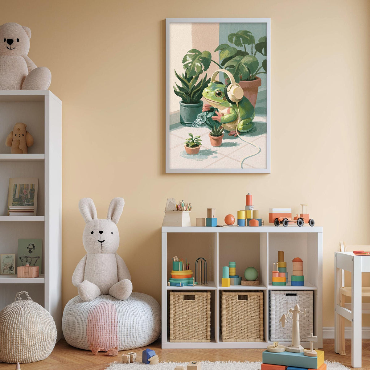 A cozy children's room with a white bookshelf, a stuffed rabbit, a toy train, and a framed illustration of a frog wearing headphones.