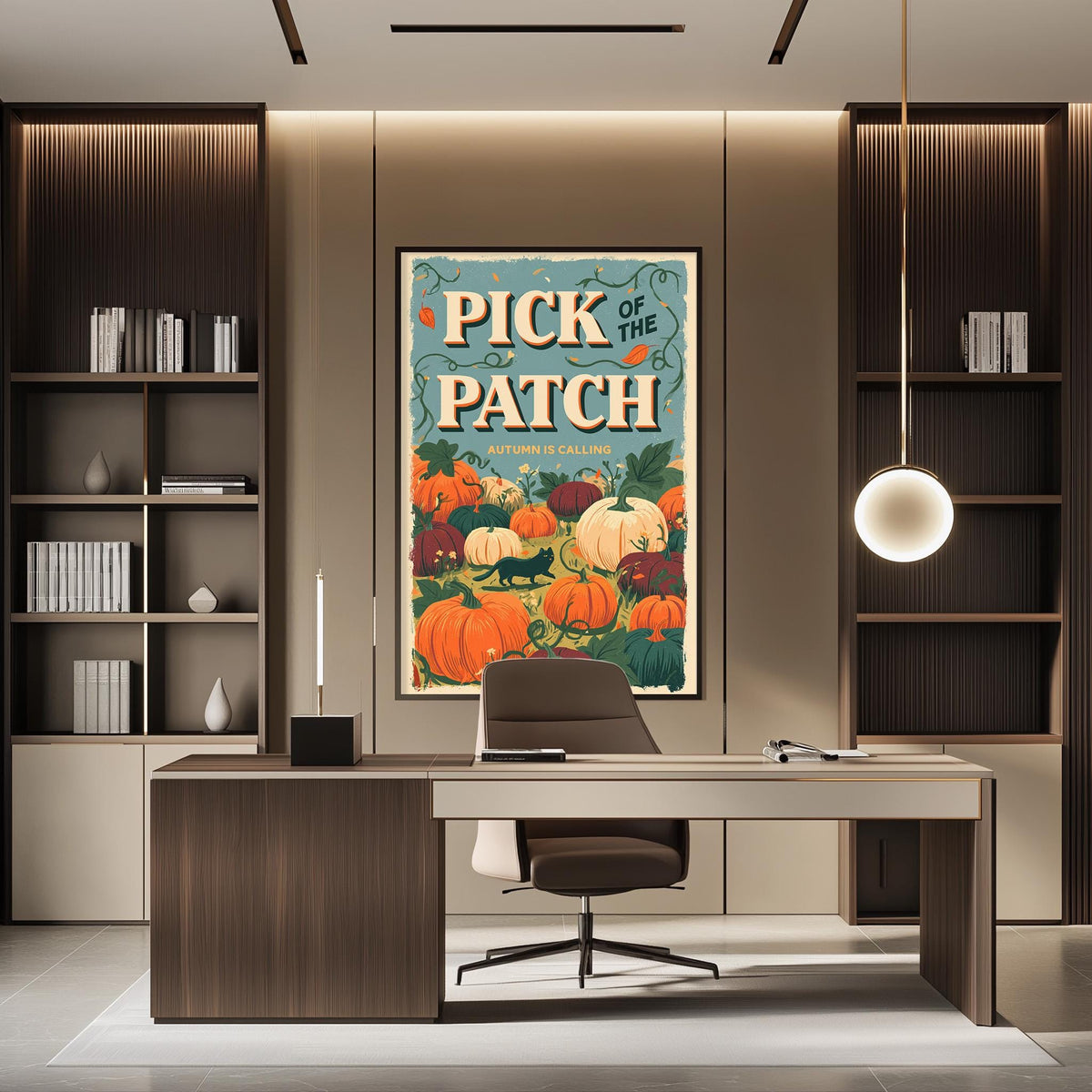 a modern office space with a large framed poster of pumpkins hanging on the wall. The poster has the text "Pick of the Patch" and depicts pumpkins and other fall-themed elements. The office has a desk with a chair, and there are bookshelves on either side of the desk.