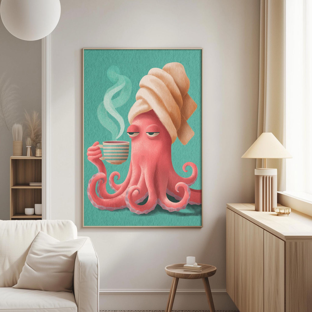 a large, colorful painting of an octopus holding a cup of coffee, with steam rising from it, hanging on a wall in a living room.