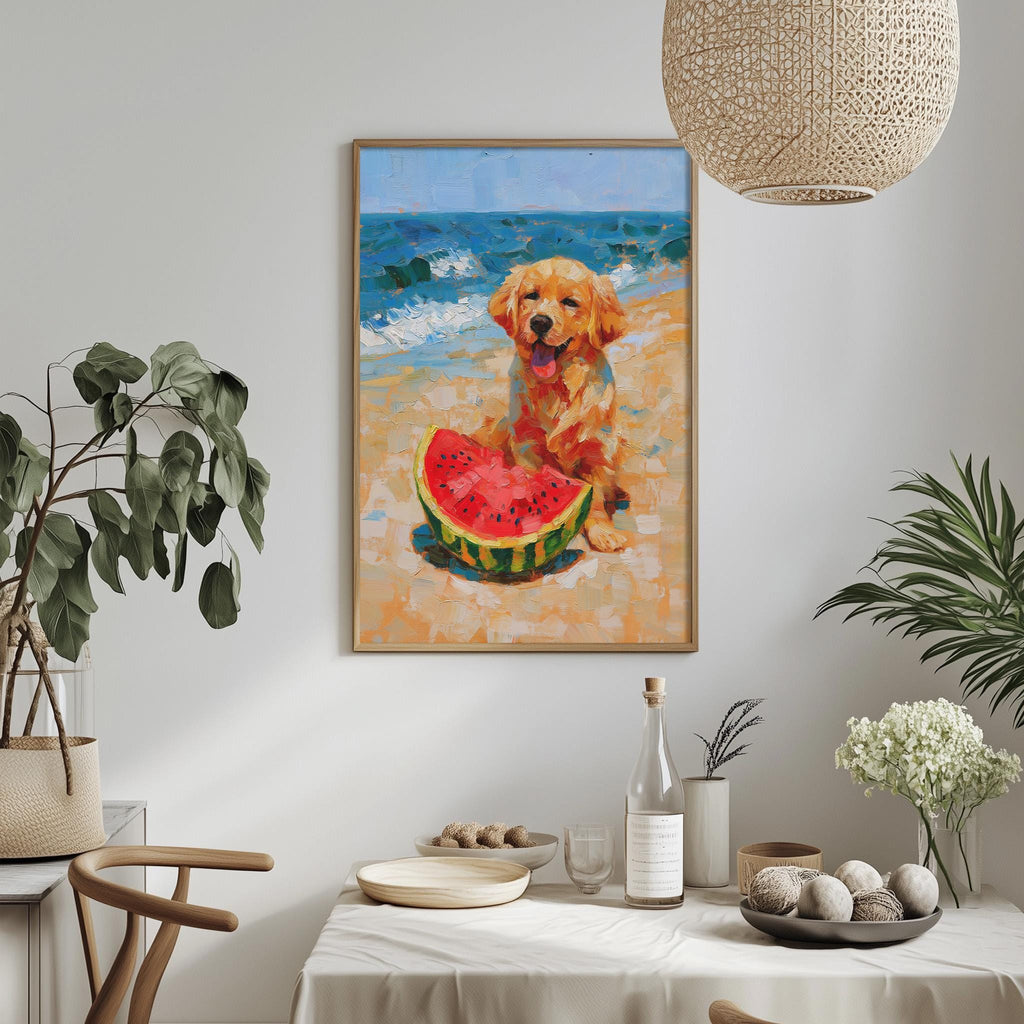 a framed painting of a golden retriever dog sitting on a beach and eating a watermelon slice.