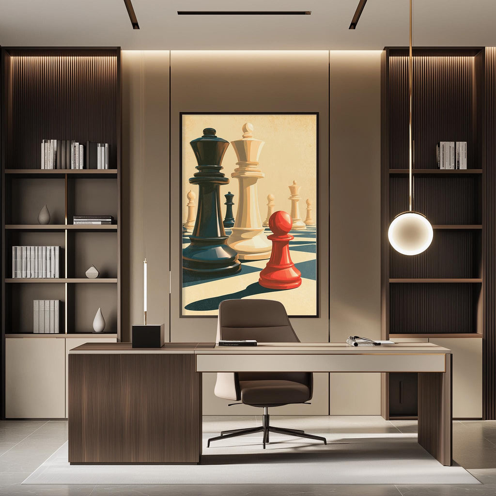 a modern office space with a large chessboard-themed painting on the wall, featuring two chess pieces - a black king and a red pawn. The office has a wooden desk and chair, and the room is well-lit with a pendant light hanging from the ceiling.