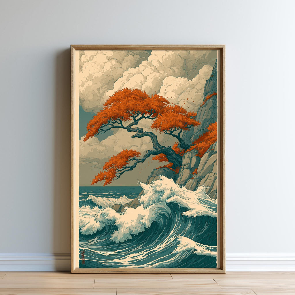 The image is a framed painting depicting a serene landscape with a large tree with orange leaves standing on a cliff overlooking a crashing wave.