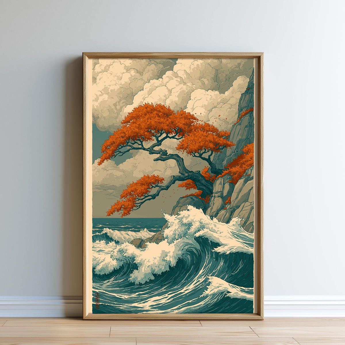 The image is a framed painting depicting a serene landscape with a large tree with orange leaves standing on a cliff overlooking a crashing wave.