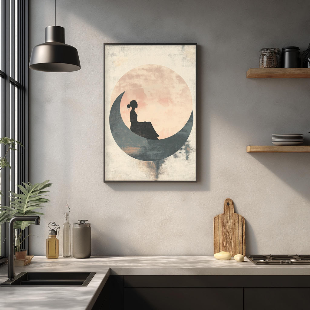 a kitchen counter with various kitchen items, including a cutting board, a bottle, and a vase. Above the counter, there is a framed artwork depicting a woman sitting on a crescent moon.