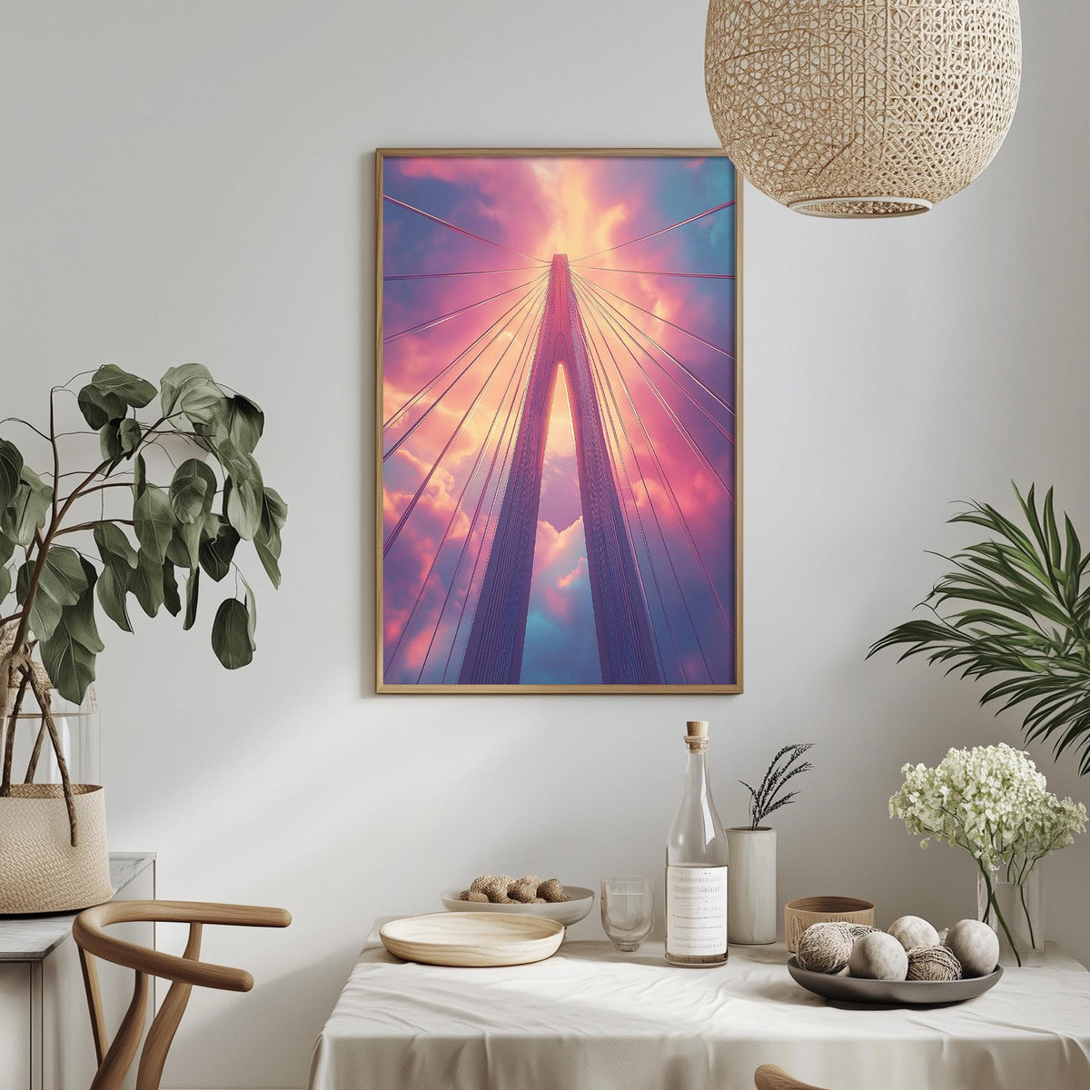 a dining table with a white tablecloth, a bowl of fruit, a bottle, and a vase with flowers. Above the table, there is a framed picture of a bridge with a colorful sky in the background.