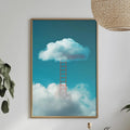 a dining table with a white tablecloth, a bottle, a bowl, and a vase with flowers. Above the table, there is a framed picture of a ladder leading up to a cloud, creating a whimsical and dreamy atmosphere.